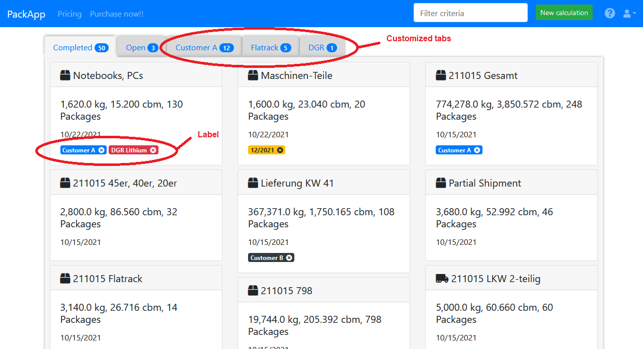 PackApp desktop labeling and tabs